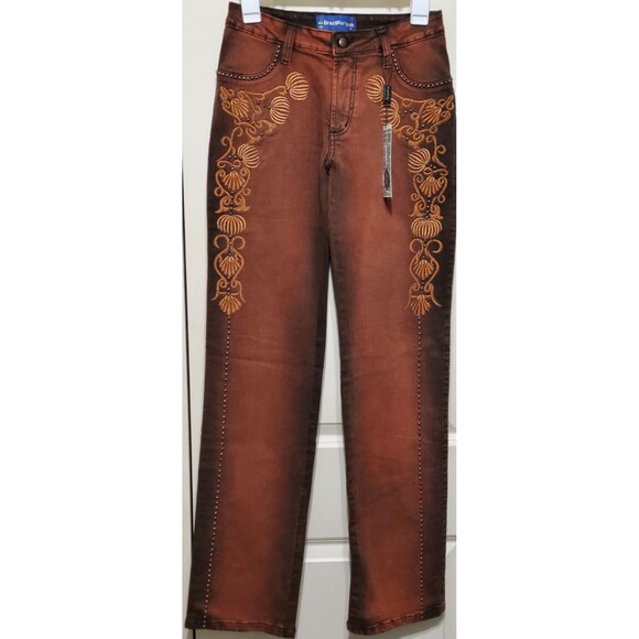 BrazilRoxx Embellished Embroidered Jeans BR 38/US 2 Red (Front) Brown (Rear) NEW